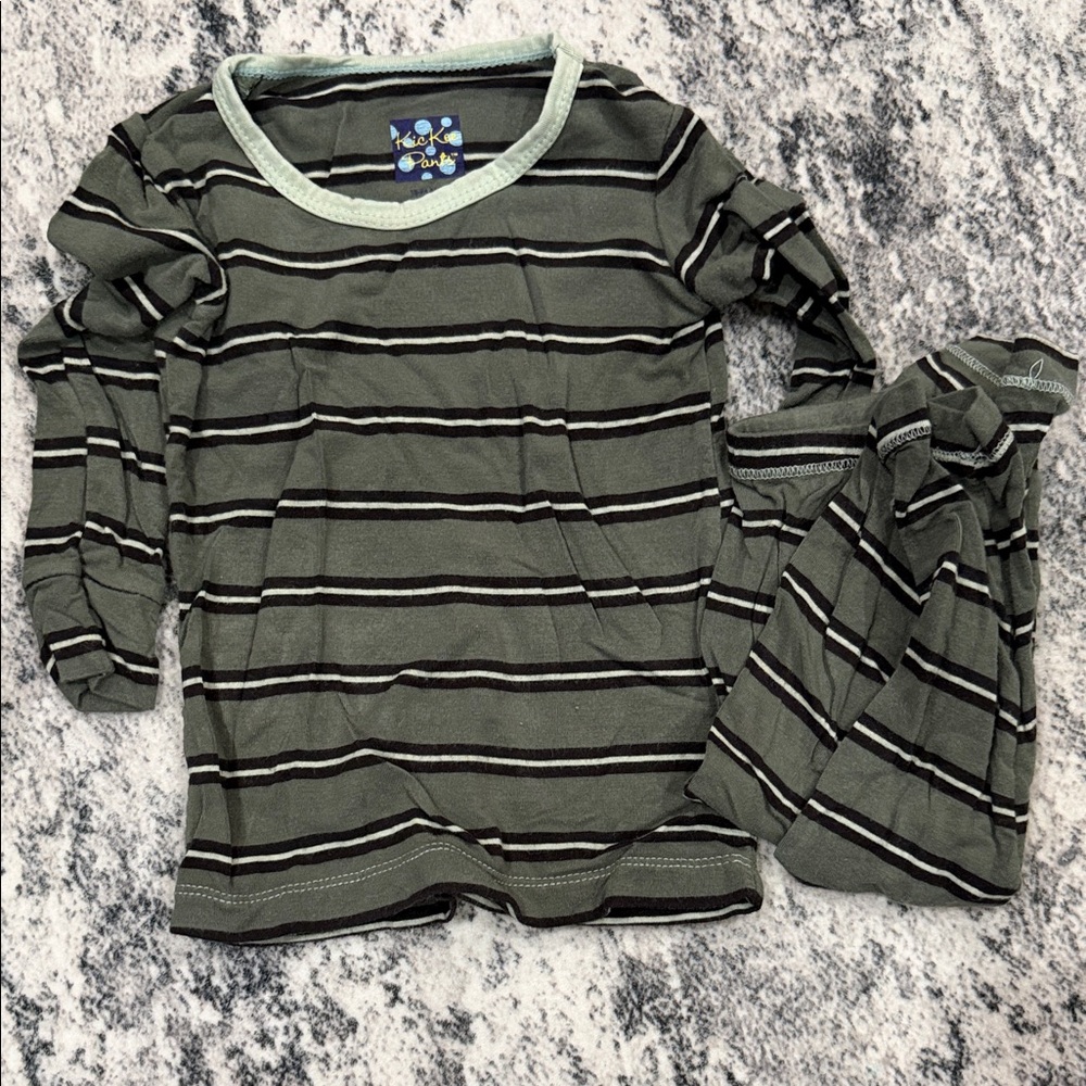 Kickee Pants Green and Black Striped Pajama Set